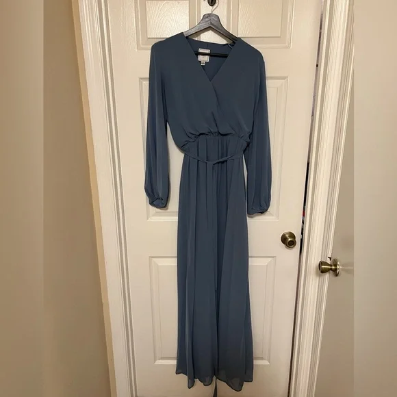 white christmas dresses Ever-Pretty High-Slit Chiffon Bridesmaid Dress with Long Sleeves and Waist Pleating main image 0